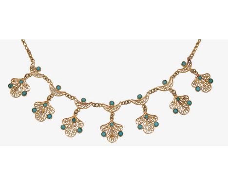 A gold and turquoise fringe necklacetests as high carat, front section comprising of wire-work crescent motifs, each collet-s
