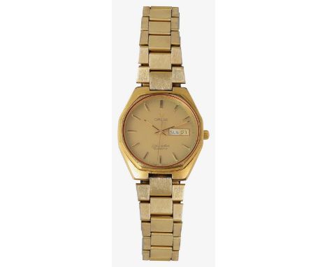 A gentleman's Omega Seamaster quartz gold plated wristwatch Ref 196.0129circular brushed gold dial with raised gold baton mar