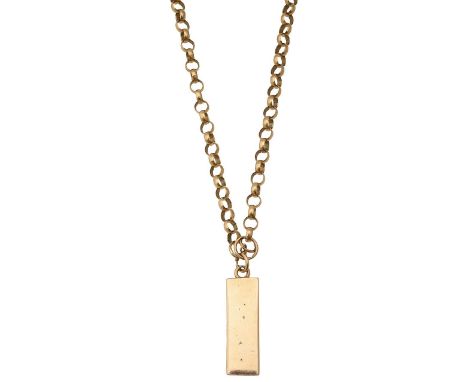 An ingot pendant plain rectangular pendant, stamped "9ct", suspended from a 9ct gold belcher chain, stamped with hallmarks to