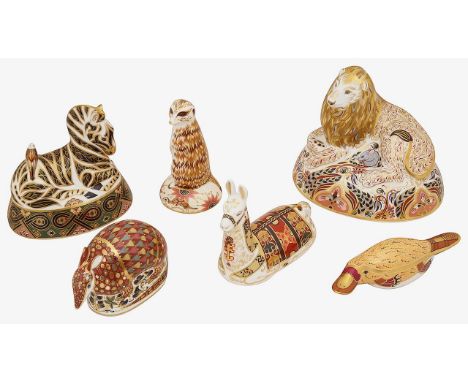 Six Royal Crown Derby imari animal paperweights comprising a large Lion, second quality silver stopper, an Exclusive  Signatu