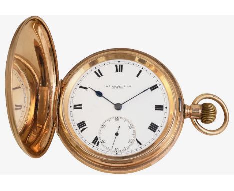 A 9ct gold full hunter keyless pocket watchwhite enamel dial with black Roman numerals, minute track, subsidiary seconds, dia