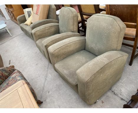 AN ART DECO SPRUNG AND UPHOLSTERED THREE PIECE LOUNGE SUITE WITH A QUANTITY OF VARIOUS COVERS 