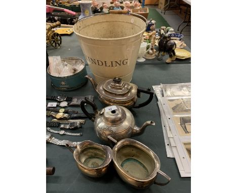 A TIN KINDLING BUCKET AND FOUR ITEMS OF PLATED TEA SERVICE 