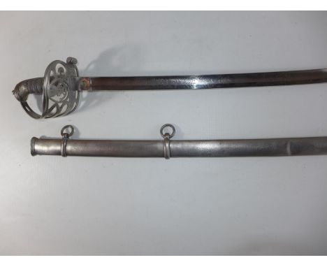 A VICTORIAN 1827 PATTERN LANCASHIRE RIFLE MILITIA OFFICERS SWORD AND SCABBARD, 81CM CURVED BLADE WITH ACID ETCHED DECORATION 