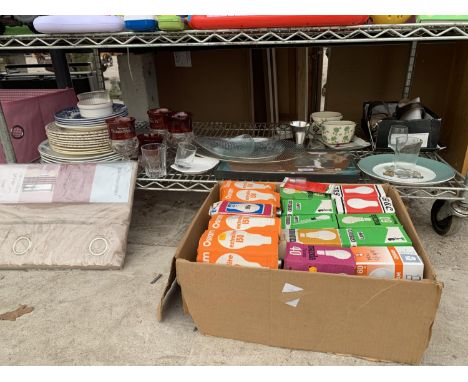 A MIXED QUANTITY TO INCLUDE VARIOUS LIGHT BULBS, CURTAINS, PLATES, SHOES, ETC. 