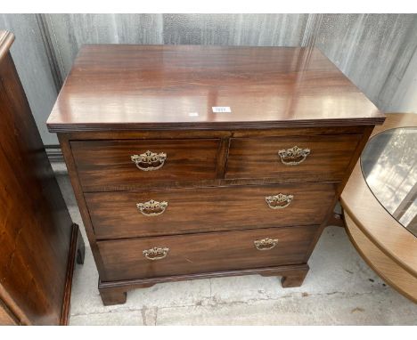 A 19TH CENTURY STYLE MAHOGANY CHEST OF TWO SHORT AND TWO LONG DRAWERS, ON BRACKET FEET, 27.5" WIDE, 28.5" HIGH 