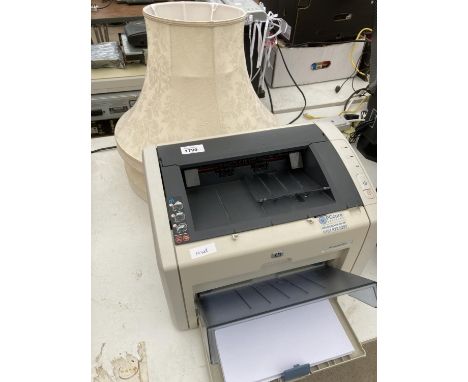 A HP LASER JET PRINTER AND A PAIR OF CREAM LAMP SHADES 