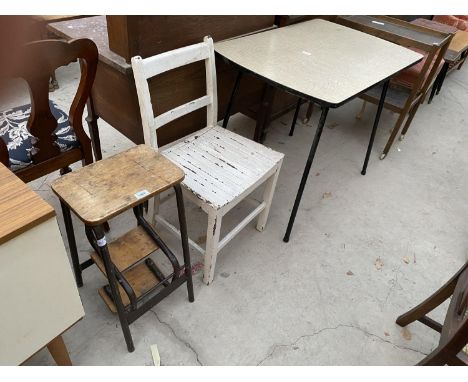 A RETRO KITCHEN STEP STOOL, A WHITE KITCHEN CHAIR AND A FORMICA KITCHEN TABLE 