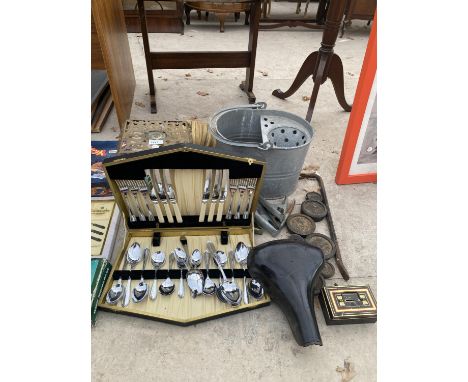 VARIOUS VINTAGE ITEMS - A CANTEEN OF CUTLERY, BICYCLE SEAT, WEIGHTS, BRASS TRIVET, WALL SCONCE ETC 