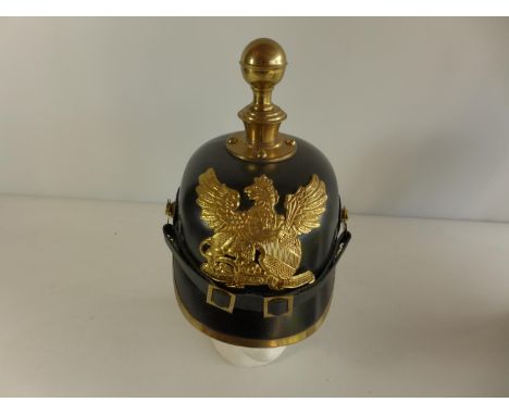 A LEATHER AND BRASS COPY IMPERIAL GERMAN PICKLEHAUBE HELMET, WITH BRASS BADEN PLATE 