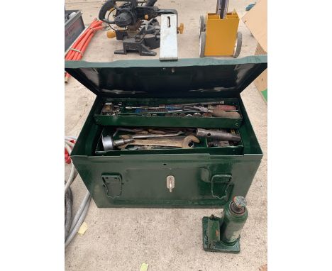AN AMMUNITION BOX CONVERTED INTO A TOOL BOX TO INCLUDE LARGE QUANTITY OF TOOLS AND JACK 