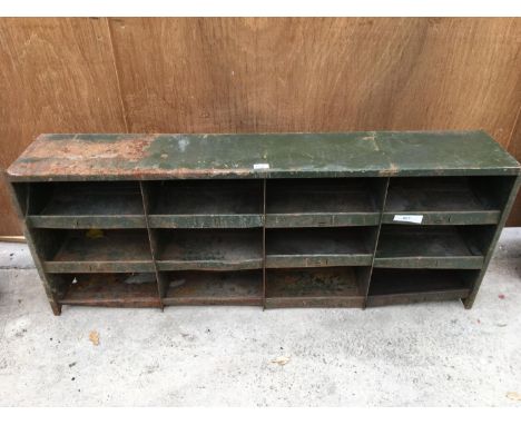 A VINTAGE GREEN METAL WORKSHOP 12 COMPARTMENT UNIT 126CM W X 51CM H X 22CM D 