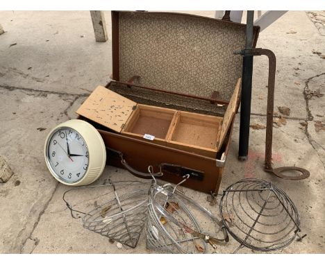 A COLLECTION OF VINTAGE ITEMS TO INCLUDE A STIRRUP PUMP, VINTAGE SUITCASE, SEWING BOX ETC. 