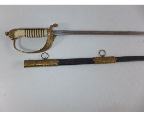 A NAVAL SWORD AND SCABBARD, 68CM BLADE WITH ACID ETCHED DECORATION 