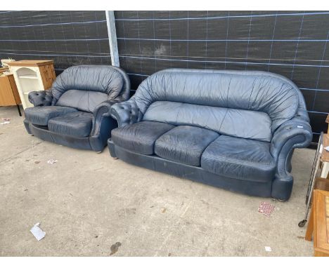 A BLUE LEATHER THREE SEATER SOFA WITH BUTTONED ARMS AND A MATCHING TWO SEATER SOFA 