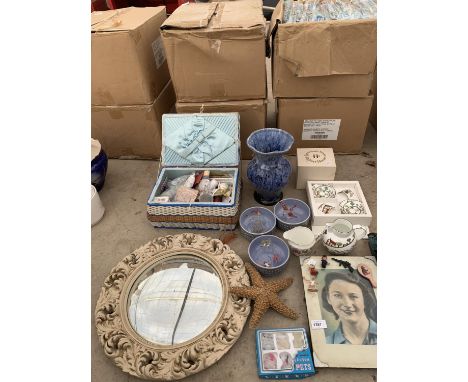 A MIXED QUANTITY TO INCLUDE VINTAGE SEWING BOX WITH CONTENTS, ORNATE WALL MIRROR, THREE HORNSEA TAPESTRY BOWLS, GLASS ORNAMEN
