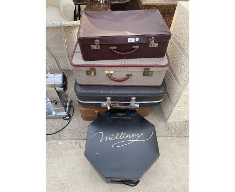 A LADIES' HAT IN BOX AND FOUR VINTAGE SUITCASES 