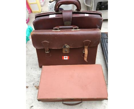 TWO VINTAGE LEATHER BRIEF CASES AND FURTHER SMALL LEATHER SUITCASE 