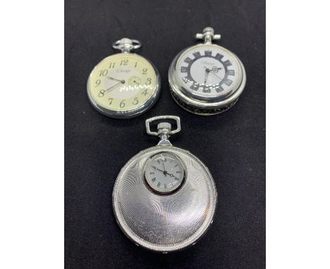 THREE WHITE METAL MANUAL POCKET WATCHES IN WORKING ORDER 