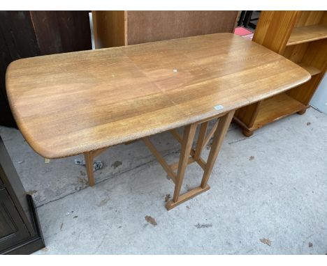 AN ERCOL ELM DROP-LEAF DINING TABLE, SUTHERLAND STYLE, 59x30" OPEN 