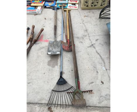 GARDEN TOOLS TO INCLUDE SPADE, RAKES, HOE, TWO TURF CUTTERS 