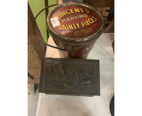 TWO VINTAGE TINS TO INCLUDE A VINCENTS HARVINO DAINTY PIECES BUCKET 