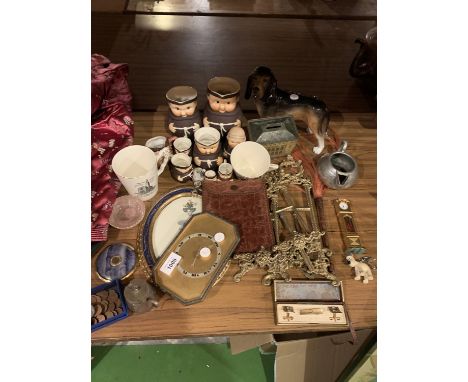 A SET OF EIGHT GOEBEL GRADUATED JUGS DEPICTING MONKS AND AN ASSORTMENT OF BRASS WARE ETC 