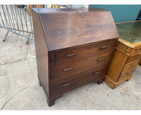 A GEORGE III STYLE MAHOGANY FALL FRONT BUREAU ON BRACKET FEET, 36" WIDE 