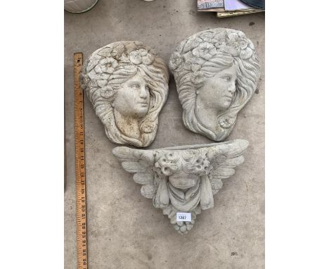 TWO GODDESS WALL PLANTERS AND A FURTHER CHERUB STONE EFFECT WALL PLANTER 