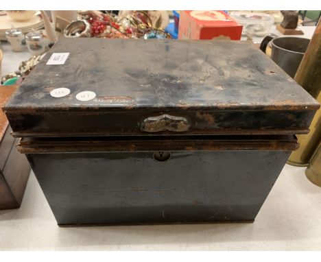 A LARGE VINTAGE BLACK TIN DEED BOX 