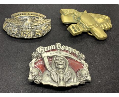 THREE BELT BUCKLES TO INCLUDE HARLEY DAVIDSON, GRIM REAPER AND A COWBOY THEME 