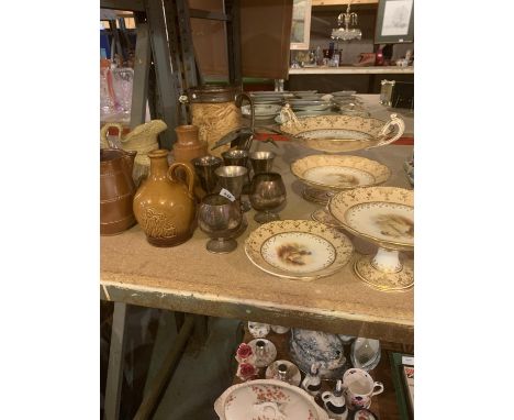 AN ASSORTMENT OF STONE, CERAMIC AND METALWARE TO INCLUDE CAKE STANDS (A/F), METAL WINE GOBLETS ETC 