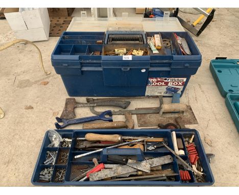 A LARGE TOOL BOX TO INCLUDE CONTENTS SUCH AS HAMMER, AXE ETC. 