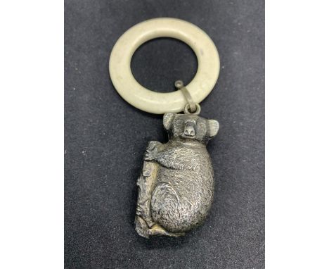 A VINTAGE CHILDS PLATED KOALA BEAR RATTLE AND A TEETHING RING 