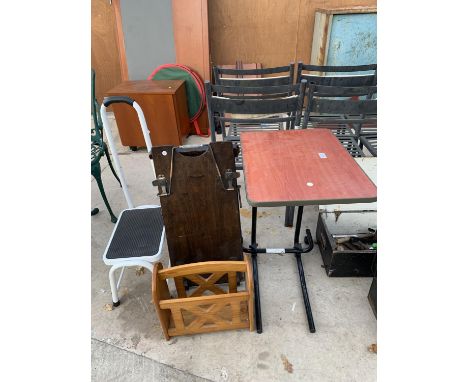 A TROUSER PRESS, MAGAZINE RACK, SIDE TABLE AND CARAVAN STEP 