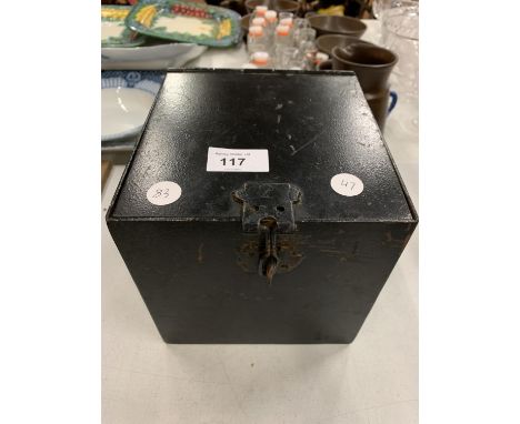 A VINTAGE BLACK TIN BOX WITH CLASP 