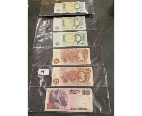 A COLLECTION OF VINTAGE NOTES TO INCLUDE ONE POUND NOTE, TEN SHILLINGS AND AN EGYPTIAN TEN POUND 