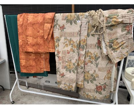 THREE PAIRS OF CURTAINS TO INCLUDE A PEONY TAPESTRY STYLE PAIR WITH PELMET COVERING AND TIE BACKS 