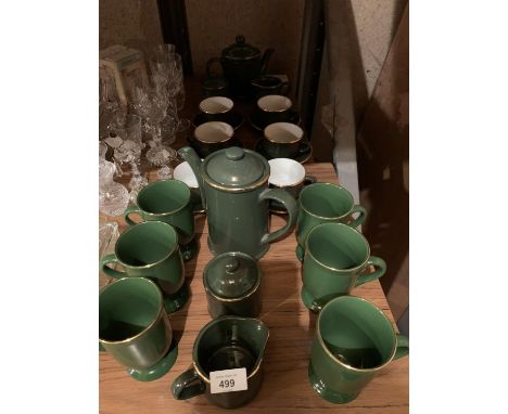 A GREEN COFFEE AND TEA SERVICE SET WITH GOLD DETAIL TO INCLUDE SUGAR BOWL AND MILK JUG ETC 