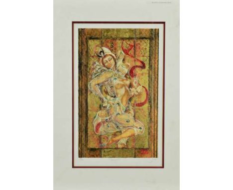 JOY KIRTON-SMITH (BRITISH CONTEMPORARY) 'SHOWER II', a limited edition print 95/195 of an exotic dancer, signed, titled and n