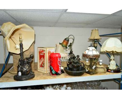 A QUANTITY OF TABLE LAMPS, to include a Rynhart collection snowman lamp, a lamp with an inbuilt water feature, a Geisha lamp 