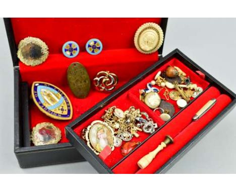 A BOX OF COSTUME JEWELLERY, to include a late Victorian seal with carved ivory handle, brooches, earrings, a jewellery box, e