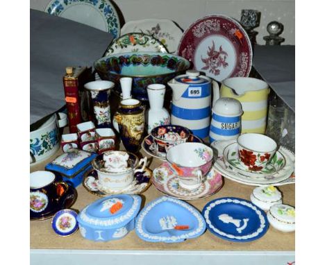 A SMALL GROUP OF CERAMIC ITEMS, to include a restored Wedgwood fairland lustre dragon footed bowl, T.C. Green kitchen wares, 