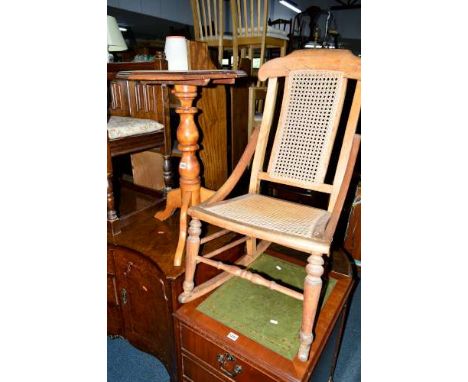 A VICTORIAN MAHOGANY TOPPED TRIPOD TABLE, on a yew wood base, together with a rush seated rocking chair (2)