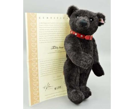 A BOXED LIMITED EDITION STEIFF 'TEDDY BEAR', No 00007/3000, No 038150, black alpaca mohair, with red leather collar decorated