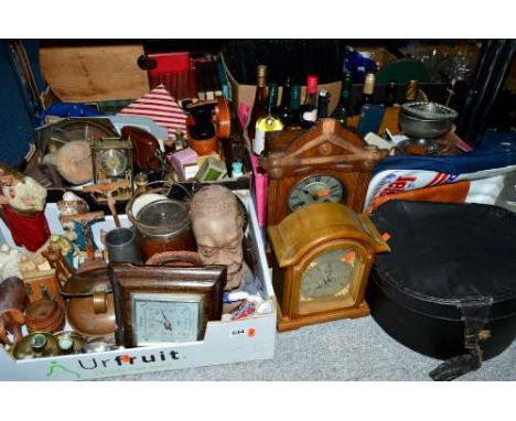 THREE BOXES AND LOOSE SUNDRY ITEMS, to include a Smiths barometer, mantel clocks, religious iconography, items of treen, vint