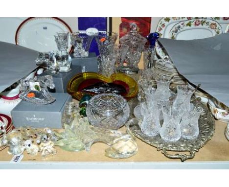 A COLLECTION OF CUT GLASS AND COLOURED GLASS, to include Royal Brier and Royal Doulton examples together with boxed Waterford