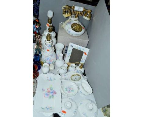 AYNSLEY 'LITTLE SWEETHEART' DRESSING TABLE WARES ETC, to include three lamp bases, a telephone, a photo frame and a clock etc