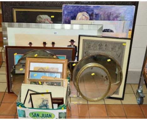 A QUANTITY OF PICTURES, PRINTS AND MIRRORS to include contemporary unsigned oil portraits, a Jack Vettriano print, two pears 