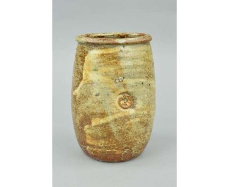 A WILLIAM MARSHALL (BRITISH, 1923-2007) EARTHEN WARE VASE, of compressed form, decorated with a cream glaze and applied decor